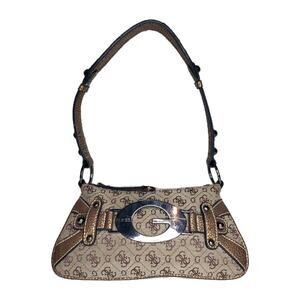 Vtg Y2K Guess Big G Shoulder Bag Baguette Monogram Signature Canvas Bronze Stud